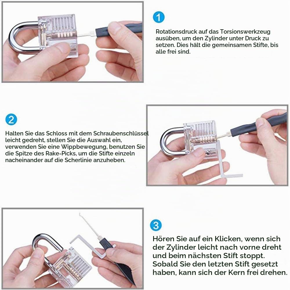 28-teiliges Dietrich Set mit transparenten Vorhängeschloss/Sicherheitsschloss und Lockpick-Pistole und 5-in-1 Kreditkarte Lockpicking-Set