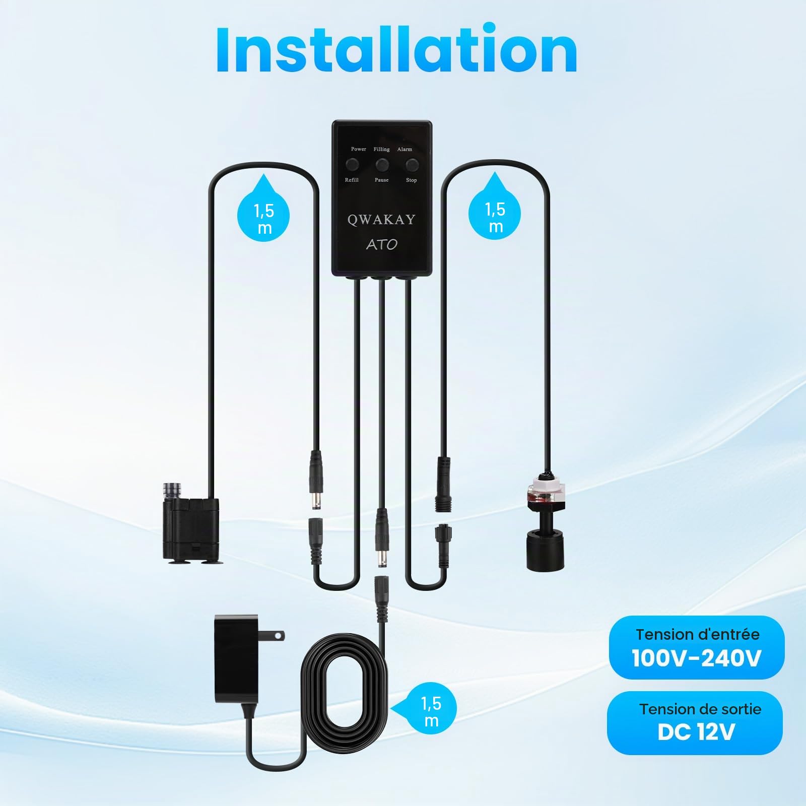 Qwakay Système de recharge automatique Smart ATO System Aquarium avec pompe | Système de recharge automatique ATO pour aquariums - Recharge d'eau d'eau de mer pour récifs et bassins à plantes