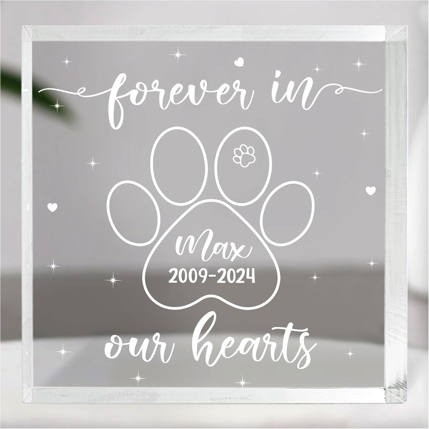 HYTURTLE Personalized Acrylic Square Shaped Plaque - Pet Memorial Keepsake - Forever In Our Heart - Desk Decor, Sympathy Gift