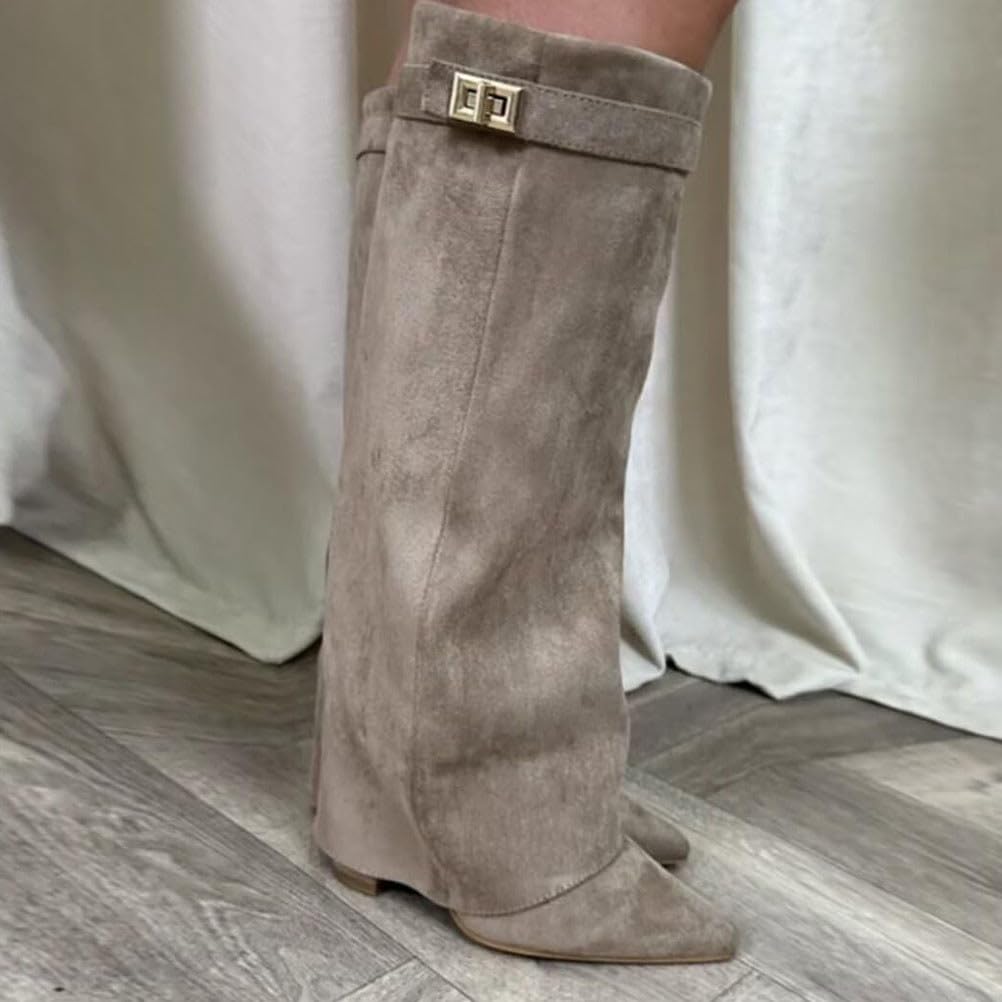 Fold Over Botas Mujer Invierno Cowboy Boots de Tacon Botines Largas Altas