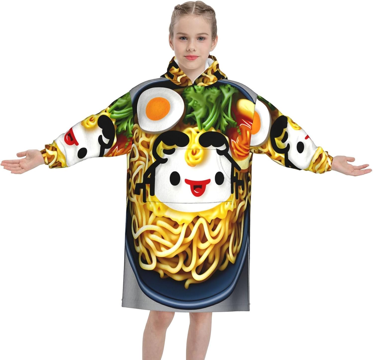 Egg Cup Noodle Ramen Print Oversized Blanket Hoodie, Wearable Blanket Hooded,Hooded Pullover With Pocket