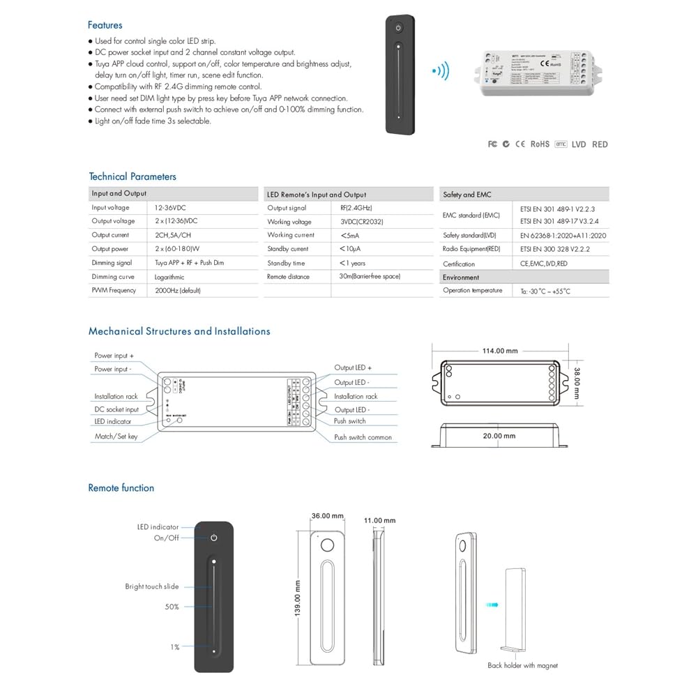 Tuya - Regulador de intensidad LED de 12 a 36 V, 2 canales con mando a distancia de 2,4 G, controlador de tira LED para tiras LED monocromáticas