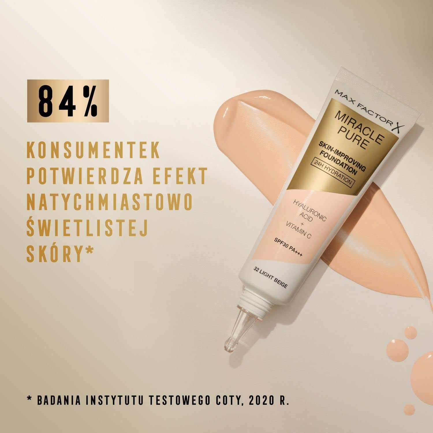 Max Factor Miracle Pure rozświetlający podkład odżywczy do twarzy z witaminą C i kwasem hialuronowym, fluid z filtrem SPF30PA+++ nr 75 Golden, 30 ml