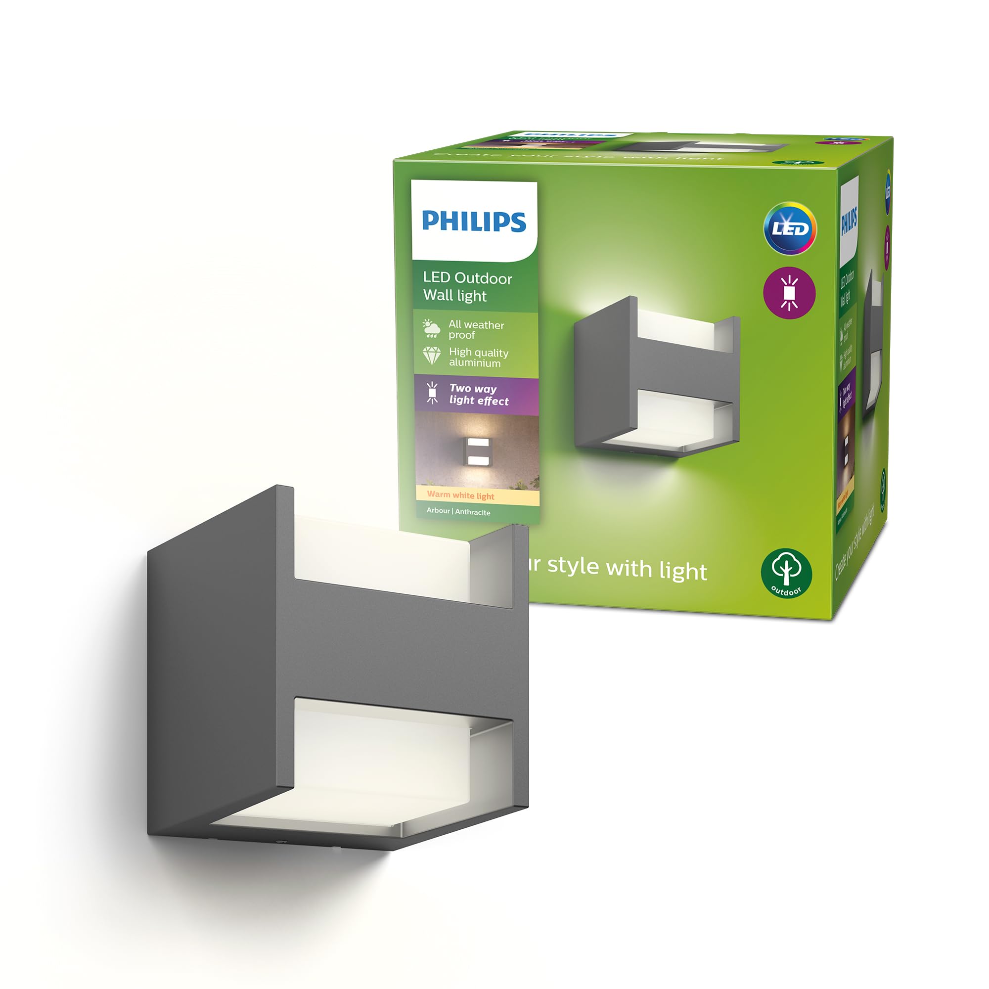 Philips Arbour LED-Wandleuchte, Outdoor-Leuchte, Außenbeleuchtung, 4,5 W, 1.000 lm, 2.700 K Warmweißes Licht, IP44-Wetterfest, Vertikales Licht, Integrierte LED, Langlebig, Aluminium, Anthrazitgrau