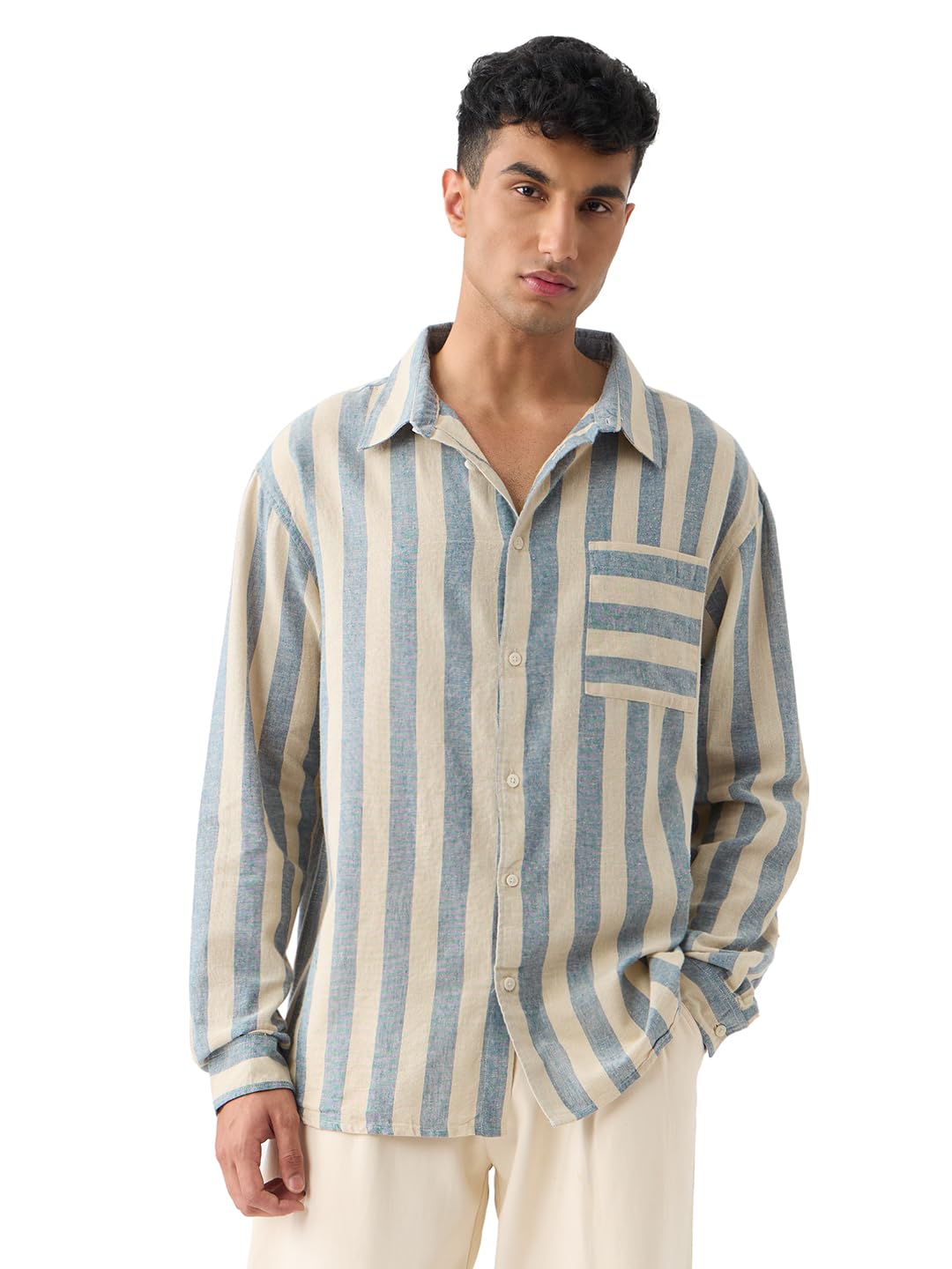 the souled store Cotton Linen Stripes: Ashen Men and Boys Long Sleeve Spread Collar Button Front Green Striped Regular Fit Easy to Dress Officewear Casual Cotton Linen Shirts-picture-17
