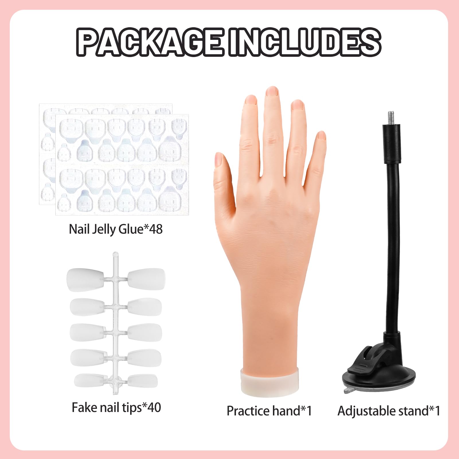 Silicone Practice Hand for Acrylic Nails with Stand, Tips & Adhesive Tabs