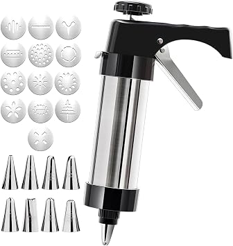 Stainless Steel Spritz Cookie Press Set with 13 Discs, 8 Piping Tips, Baking Icing Gun, Spatula, Brush, 15 in 38 cm , Cookie Press Gun Kit