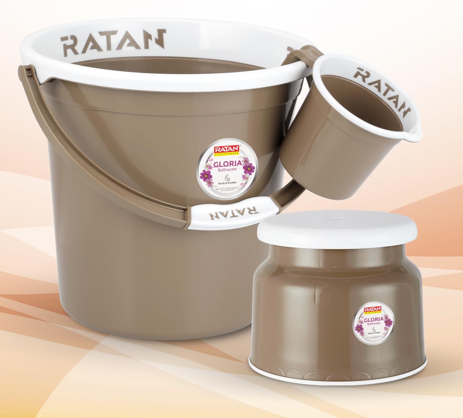 Plastic Bathroom Set of 3 Pieces Combo Pack Gloria Plain 18 Liters Bucket + Nova Stool Patla 107 + Gloria Plain Bath Mug 1 Liter Color Light Brown