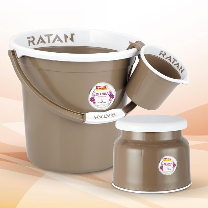 RATAN PLASTICWARE Plastic Bathroom Set of 3 Pieces Combo Pack Gloria Plain 18 Liters Bucket + Nova Stool Patla 107 + Gloria Plain Bath Mug 1 Liter Color Light Brown
