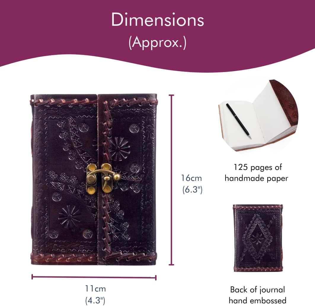 Indra Medium Stitched and Embossed Leather Journal with Clasp 110 x 160 mm