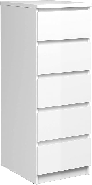 Furniture To Go | Naia Narrow Chest of 5 Drawers in White High Gloss