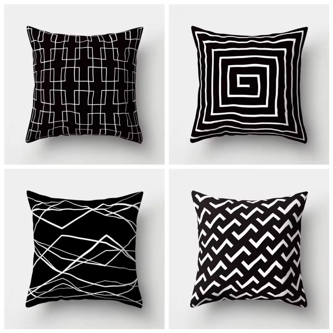 Housses de coussins en lin 50x50cm noir et blanc géométrique lot de 4 pour canapé