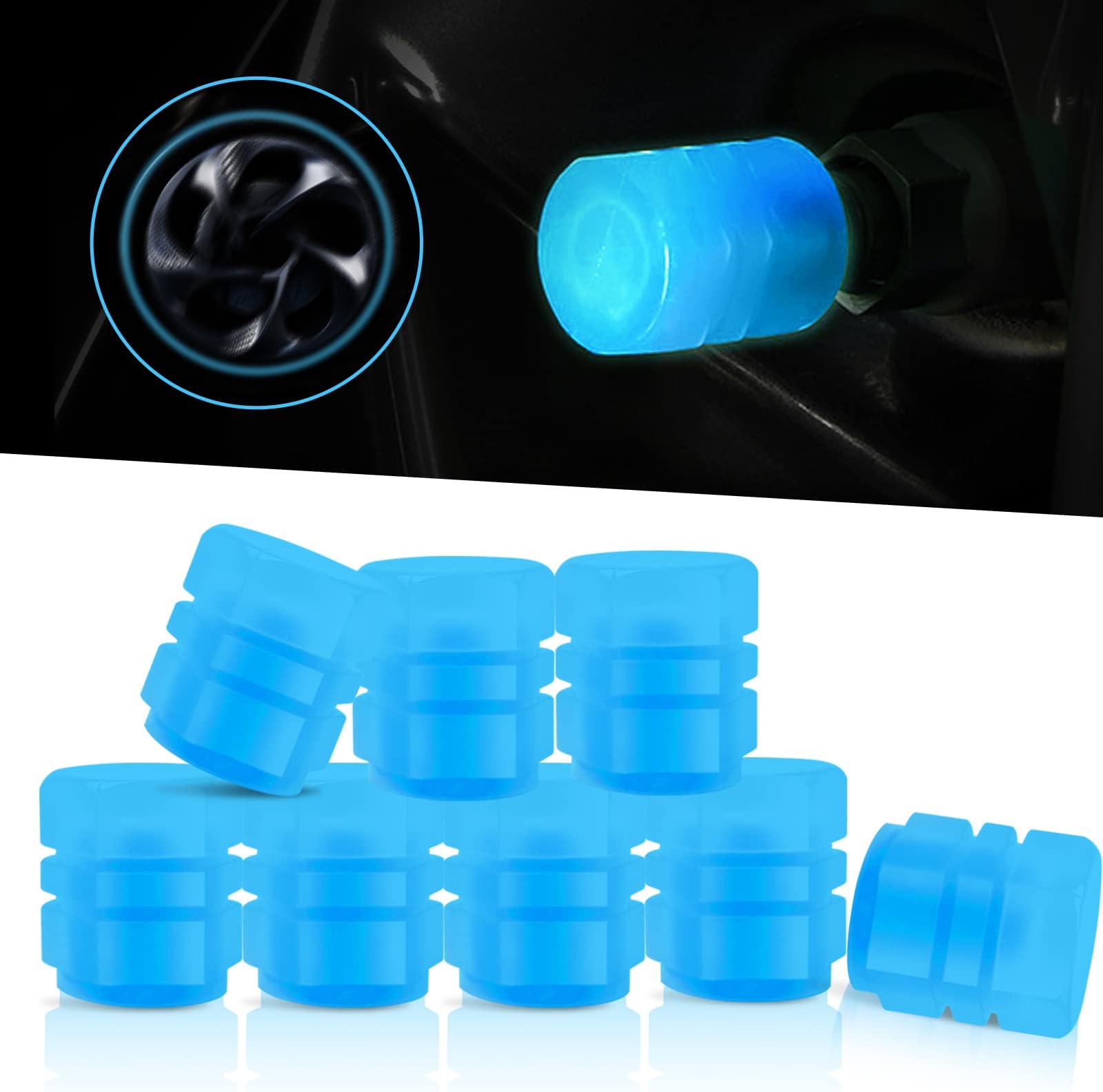 Miytsya 8 PCS Luminous Wheels Cap Tire Valve Stem, Glow Luminous at Night, Air Caps Cover Fluorescent, Illuminated Auto Car Wheel Valve Stem Caps Cover for Car, SUV, Motorcycle, Truck, Vehicle (Blue)