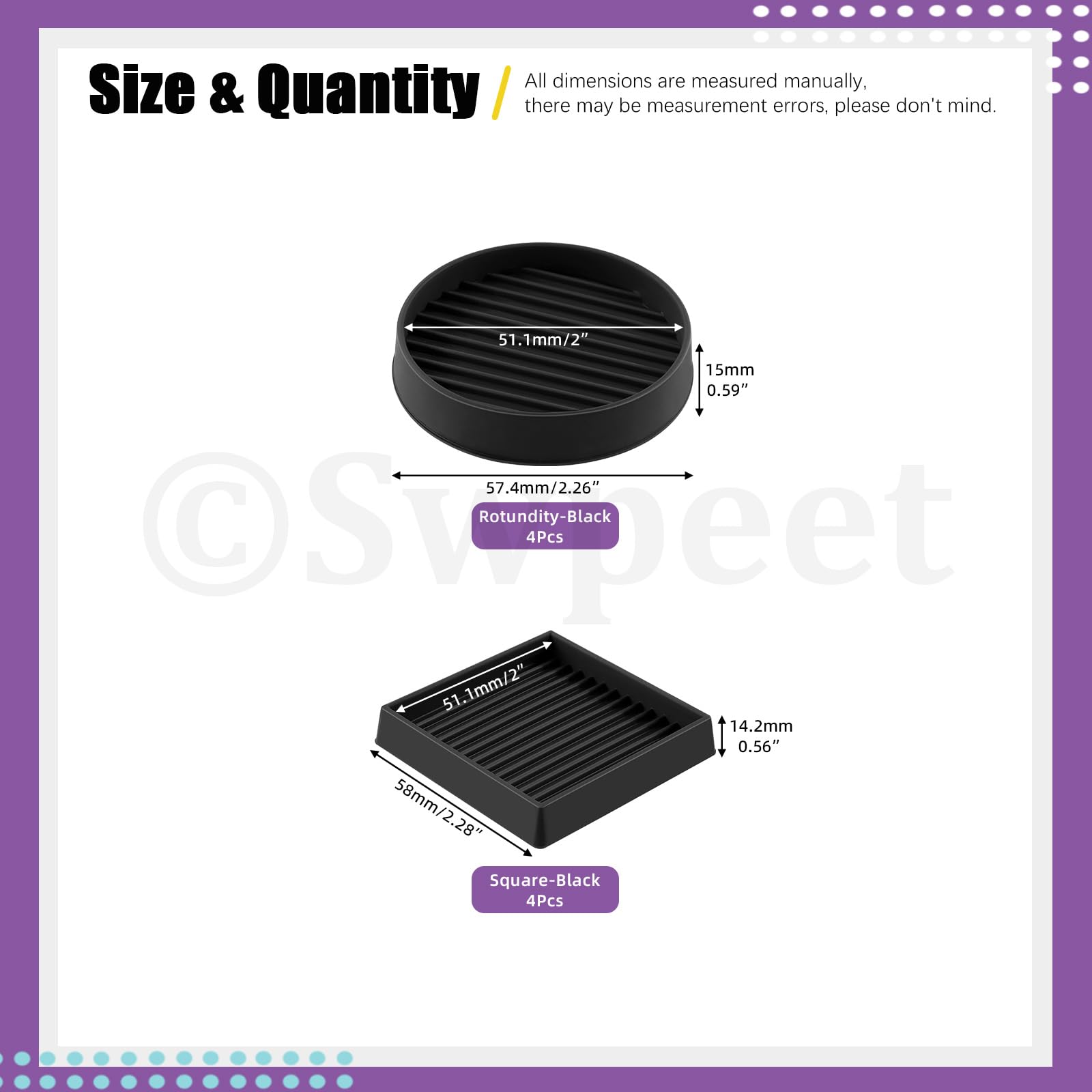 Swpeet 8Pcs 2" x 2" 2 Styles Round and Square Black Rubber Anti Skid Caster Cups Non Slip Furniture Pads Kit - Image 2