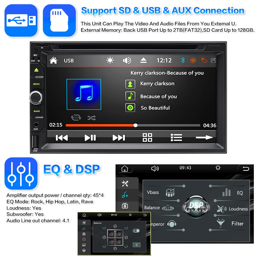 Stéréo de Voiture sans Fil CarPlay et Android Auto avec Lecteur CD/DVD, Écran Tactile Double Din de 6,95 Pouces Autoradio Prise en Charge du Lien Miroir Bluetooth AM/FM USB/TF/AUX