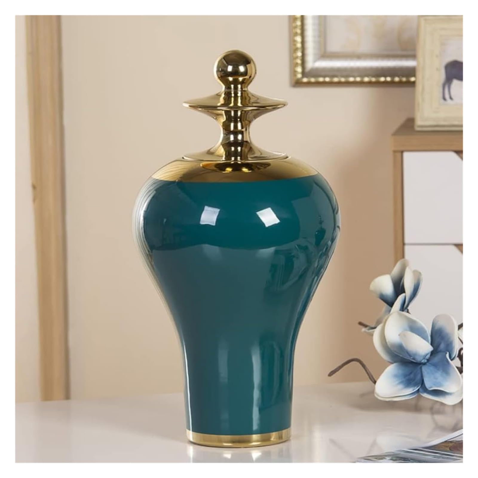Wazon w kolorze zielonym, ceramiczny słoik na imbir, wazony ze złotym wykończeniem, porcelanowy słoik do przechowywania, wazon, słoiki świątynne z pokrywką, pojemniki na środek stołu, ozdoba, kom