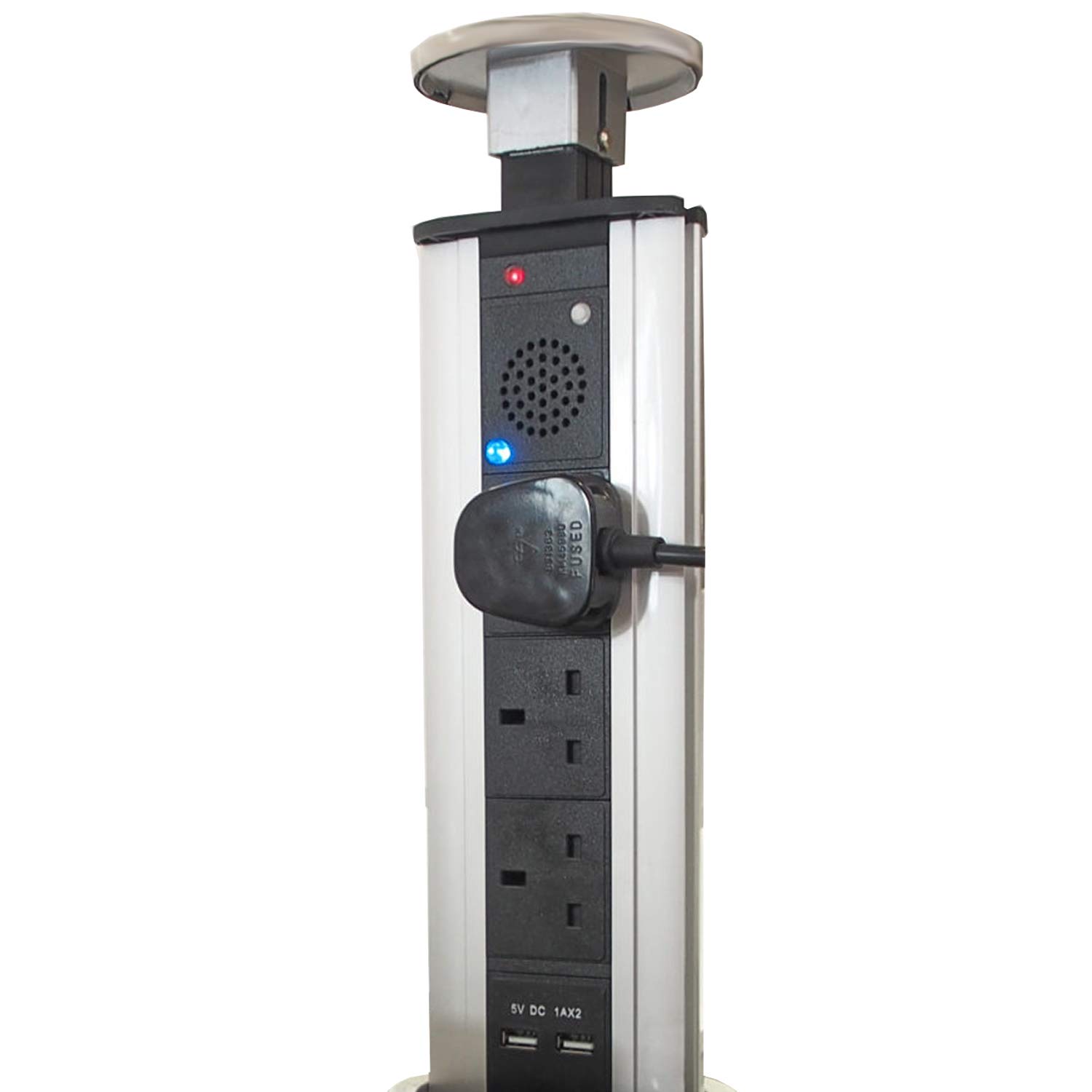 Loops Pop-Up 3 Gang Mains Power Extension Tower | SILVER | 3W BLUETOOTH AUDIO SPEAKER & 3 Plug Sockets & 2x USB Charging Ports | Hidden Pull-Up Retractable Socket | Kitchen Worktop & Office Desk