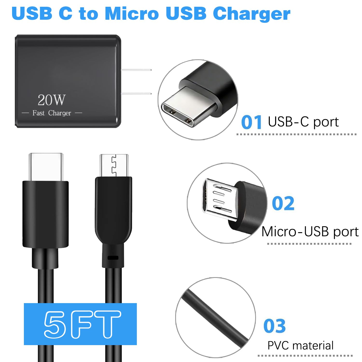 Ring Türklingel-Ladegerät, Micro-USB auf USB-C-Netzkabel, 20 W, USBC, Schnellladegerät, kompatibel für Ring Video Doorbell 1/2/3/3 Plus/4/2020 Release, Stick Up Cam (Akku, alt) Typ C auf