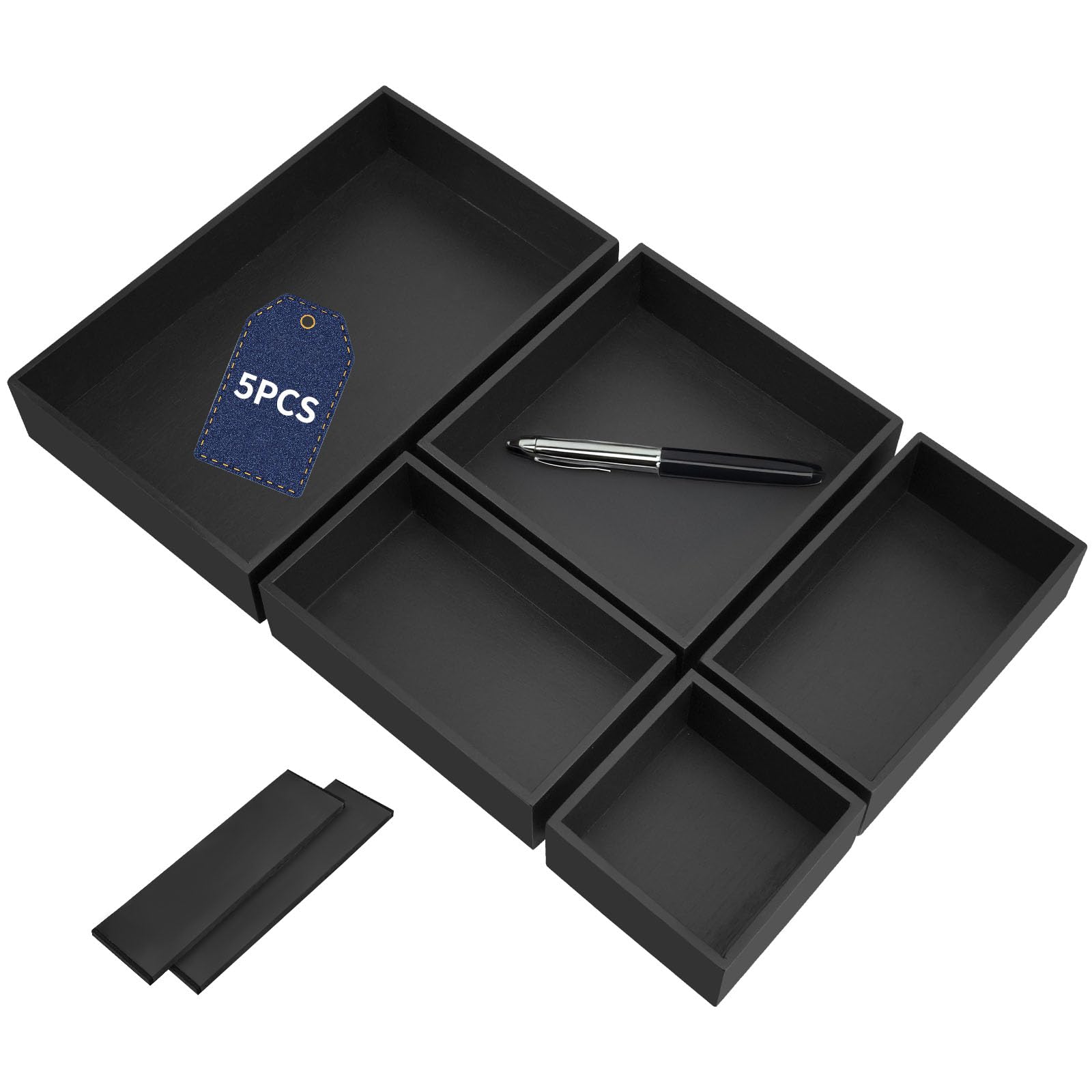 Organizer Cassetti 5 Pezzi in Bambù, Portaposate da Cassetto Separatori per Cassetti con 2 Divisori per Cassetti Regolabili Organizzatore Scrivania per Cassetto Bagno Cucina Trucchi, Nero