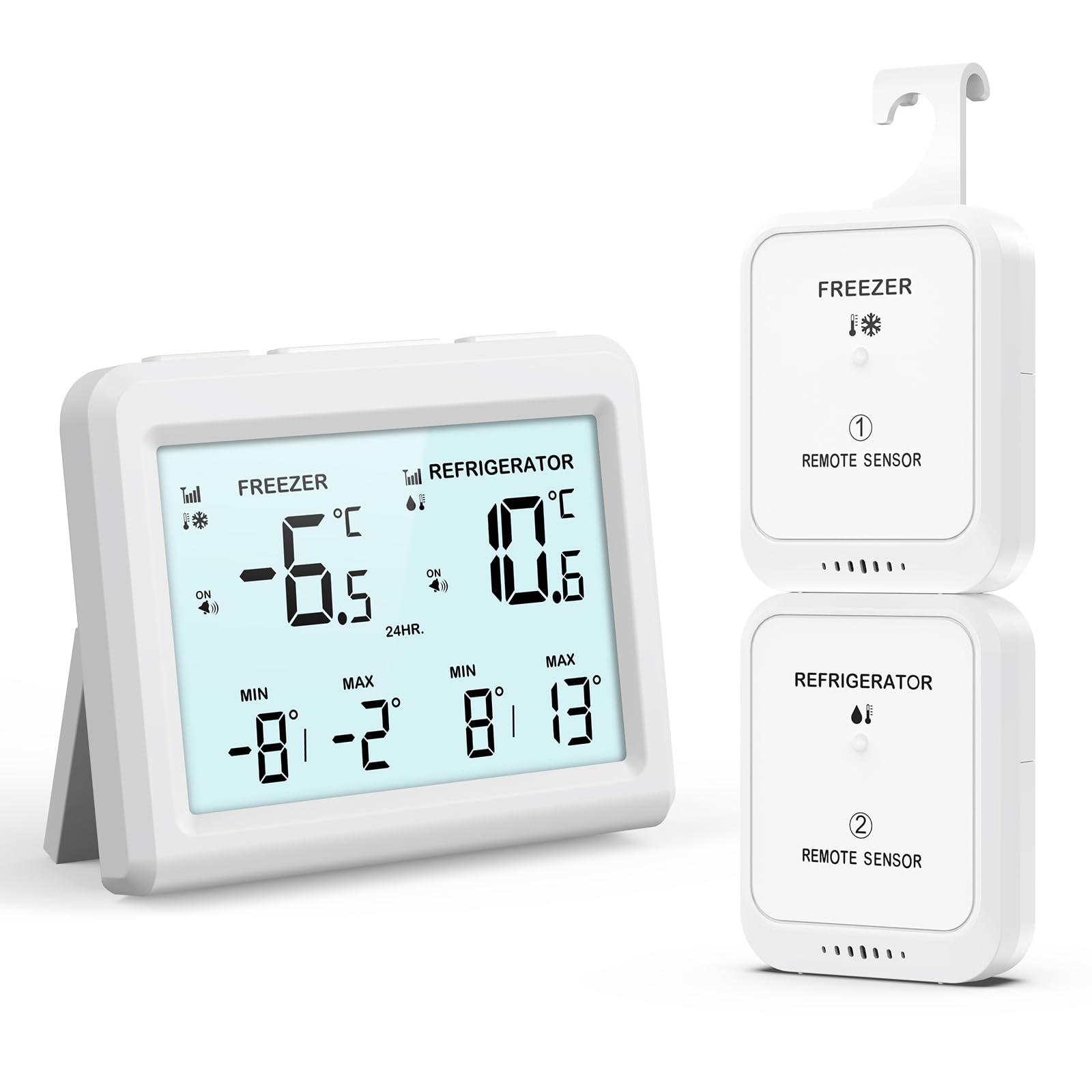 ORIA Digitale koelkastthermometer, digitale vrieskastthermometer met 2 sensoren, kleurendisplay, max/min-waarden, temperatuuralarm, voor koelkast, binnen, restaurant