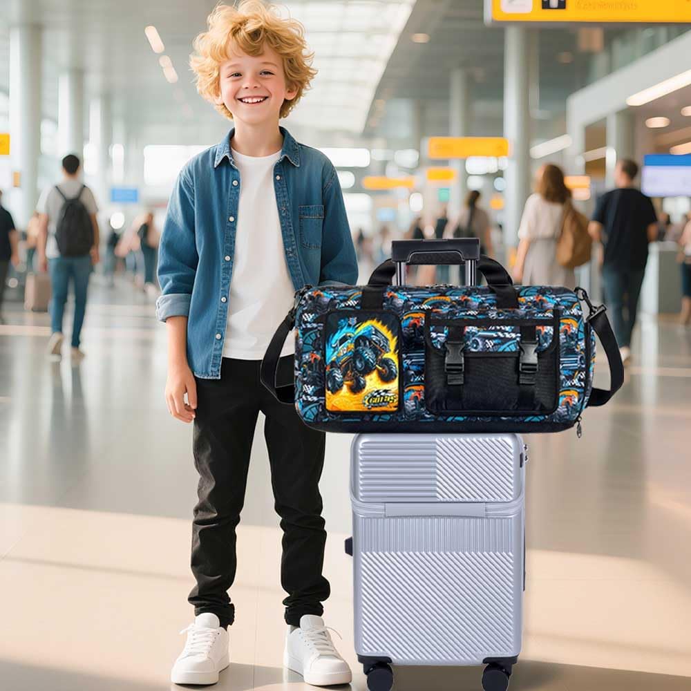 Kids Duffle Bag for Boys, Truck Travel Bag Personalized Tote with Shoes Compartment, Carry On Weekender Sleepover Bag for Sport Gym(Black) - Image 6