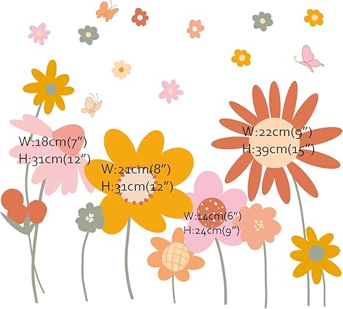 Miniatura 4 de Runtoo Calcomanías de pared de flores bohemias, diseño de margaritas retro, para jardín, ventana, para sala de estar, dormitorio de niñas,