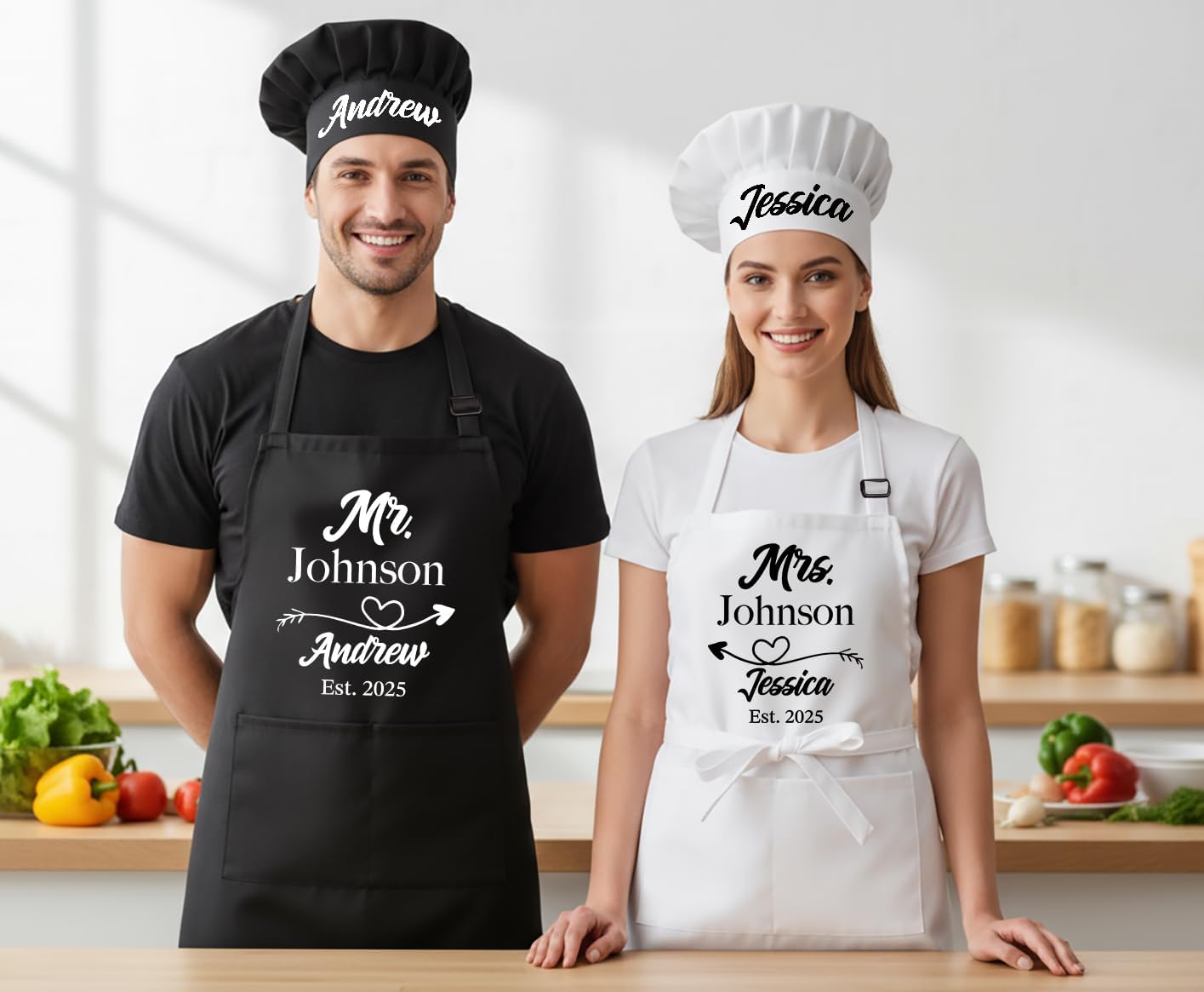 Mr and Mrs Aprons for Couples, Couple Gift for Christmas, Anniversary, Birthday, Valentines Day and Bridal Shower, Custom Wedding Gifts for Couples, Kitchen Cooking Chef Aprons and Chef Hats with Name - Image 5