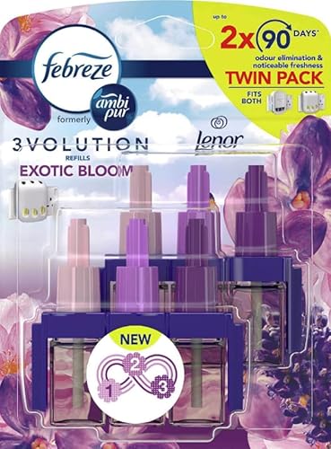 3volution Plug In Refill Air Freshener - Twin Pack 20ml of 3 Scents Exotic Bloom Room Fresheners for Home Bundle. Plug In Air Freshener Refill, Odour Eliminator & Refresher with Topline Card.