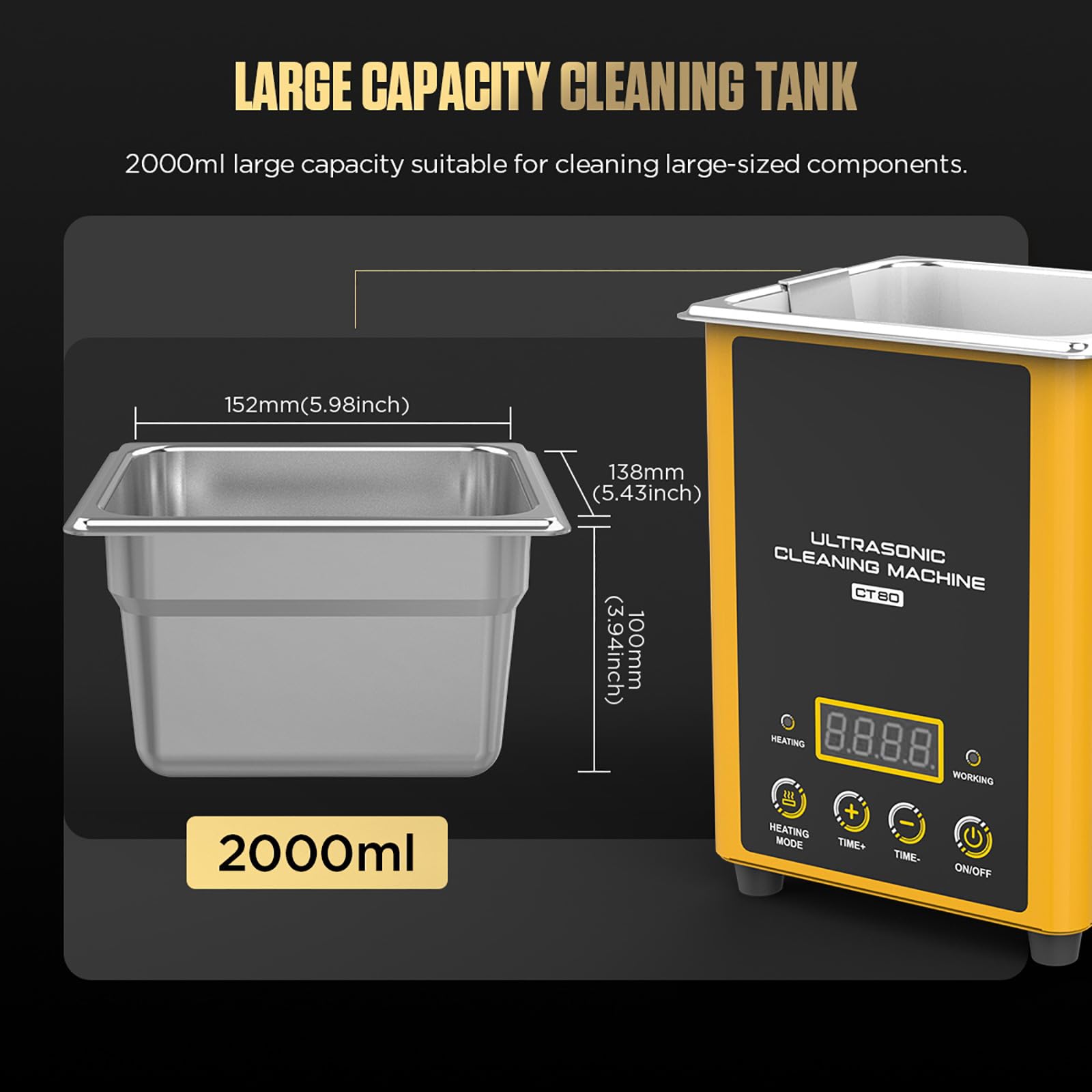 CT80 Pulitore ad ultrasuoni 2L in acciaio inossidabile, 40kHz riscaldato Sonic Macchina di pulizia per ricambi auto carburatori laboratorio gioielli dentali, timer 0-40 min 50 ° C 60 W, 110 V