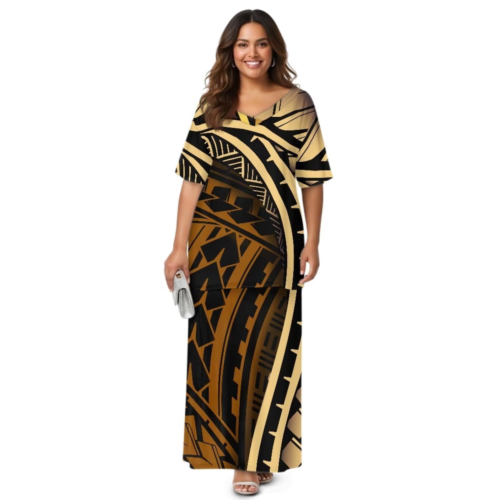 Hdjxbdhsv 2025 Polynesian Tribal Design Samoan Puletasi Set Ptaha Plus Size Women's Top and Skirts Two Piece Set Dress