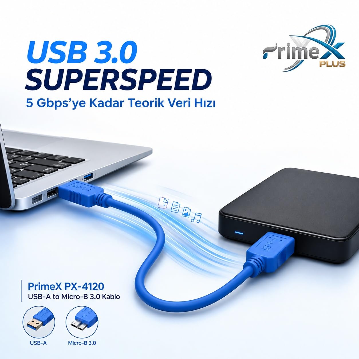 PrimeX PX-4120 USB 3.0 30 cm Taşınabilir Harddisk Kablosu, USB-A to Micro-B Harici Disk Data ve Güç Kablosu, WD Seagate Toshiba Samsung Adata Intenso Uyumlu Kısa USB 3.0 HDD SSD Bağlantı Kablosu