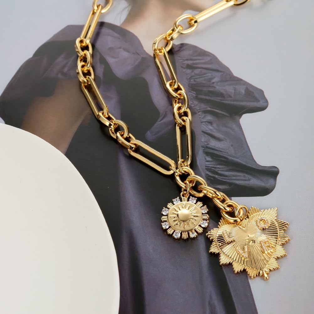 Generic Common Luxury Sun Heart Pendant Choker Necklace for Women 18K Gold Plated Multi Pendants Chunky Chain Hip Hop Neutral Jewelry - Image 3