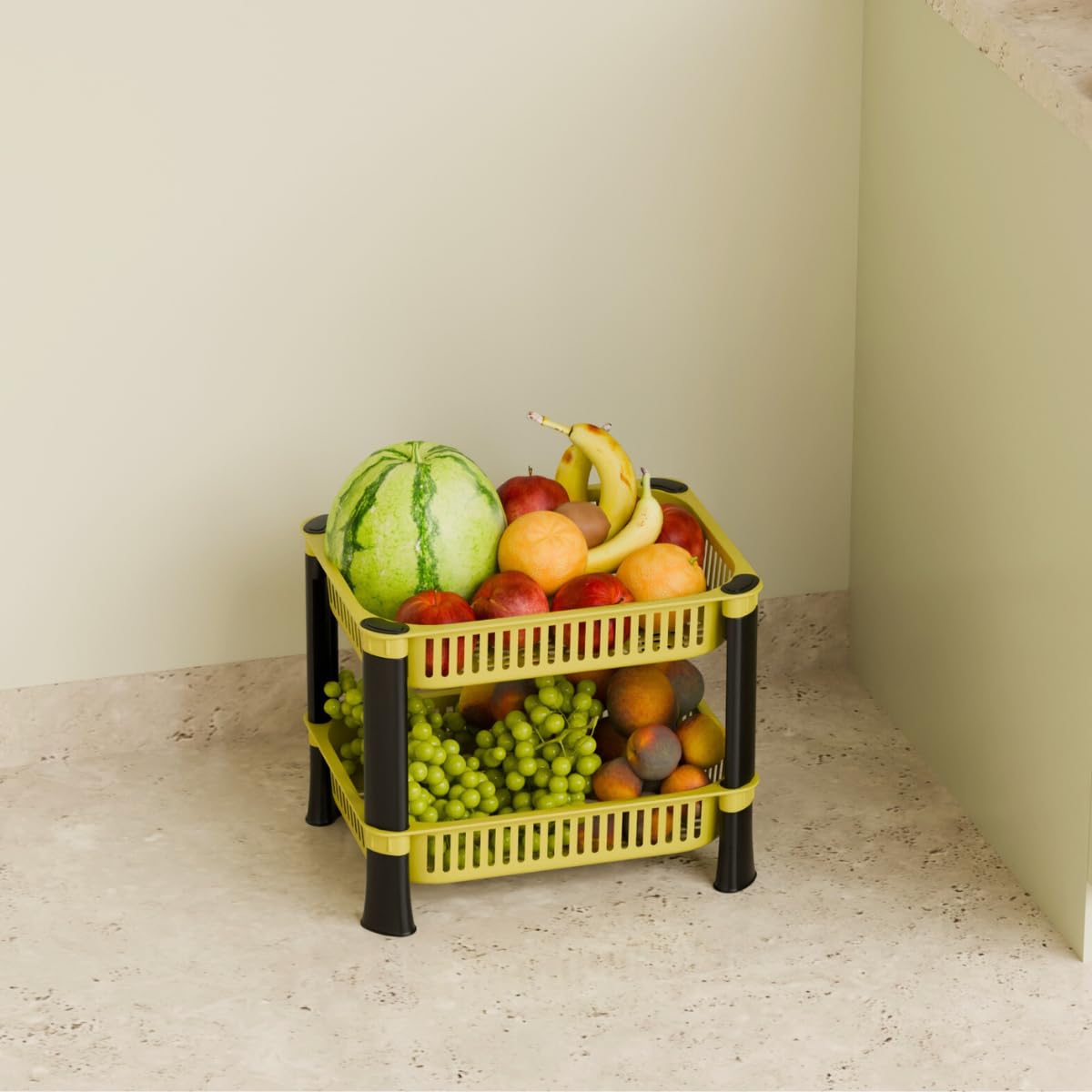 Biltoxi Multipurpose Plastic Storage Rack for Kitchen, Onion Potato Sabji, Fruit Corner Storage Stand Basket, Folding Rack, Countertop Kitchen Organizer Cart, Trolley Rack (2 Layer, Banana Yellow)
