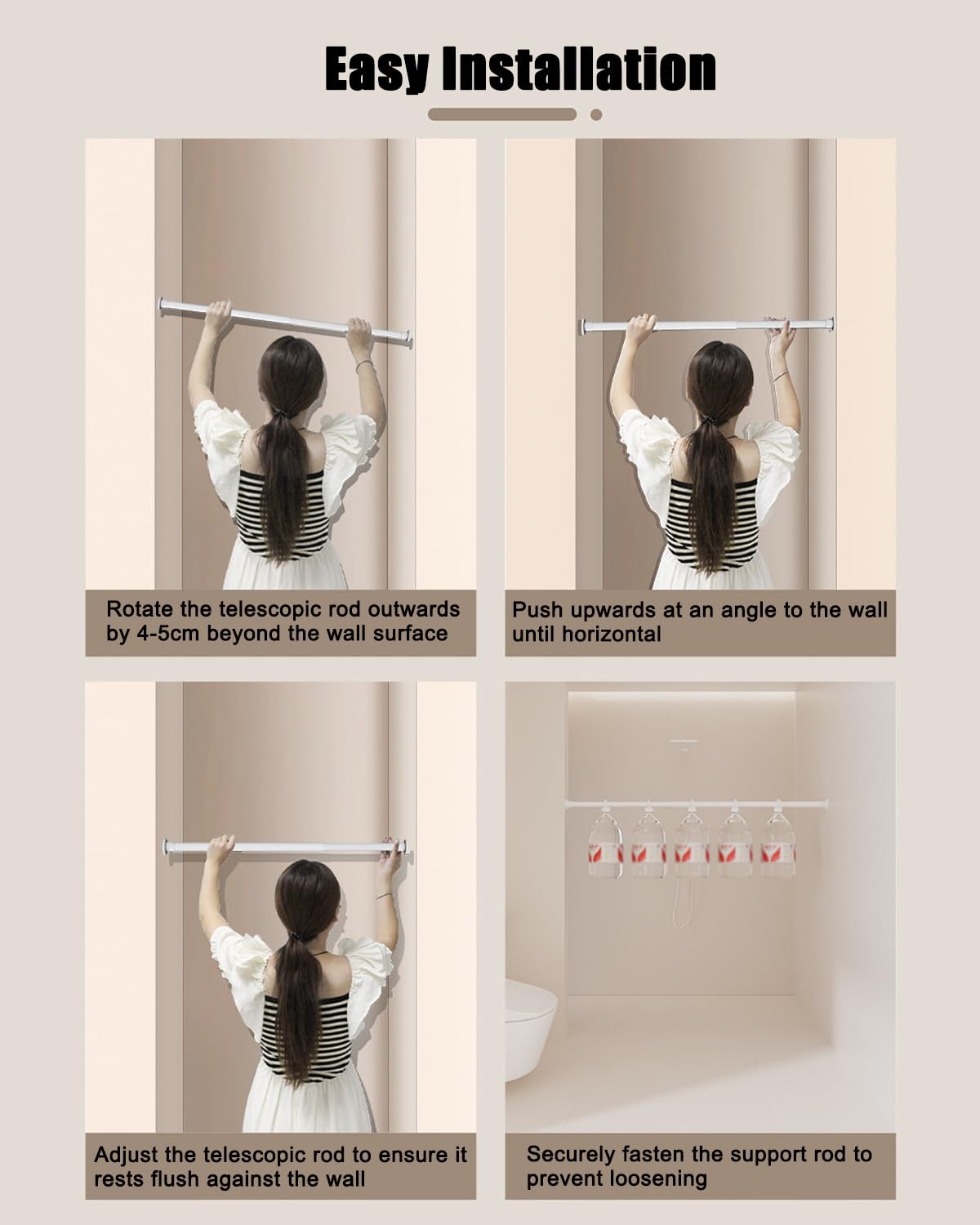 YXXSDP Tubo Asta Barra Appendiabiti Asta appendiposate Regolabile Bianca, Asta stendibiancheria telescopica Senza Trapano, Base Staccabile sicura per Tutti i Tipi di pareti(Gray,90-160cm)