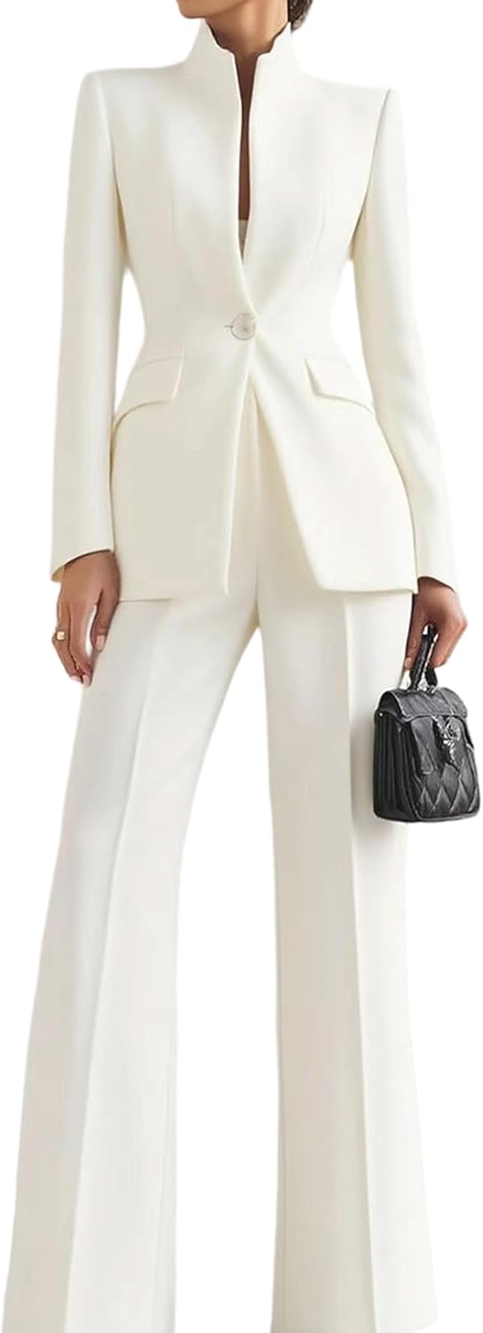 YMING Women's 2 Piece Pants Suits Stand Collar One Button Blazers and Wide Leg Pant Sets Solid Color Outfits with Pockets