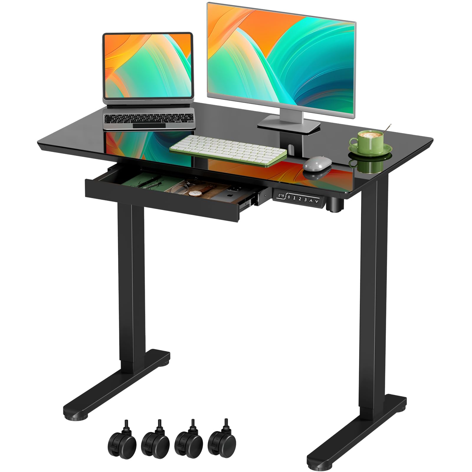 Glass Standing Desk with Drawer Electric Sit Stand Desk with Wheels 35 20Inch Whole Piece Height Adjustable Rising