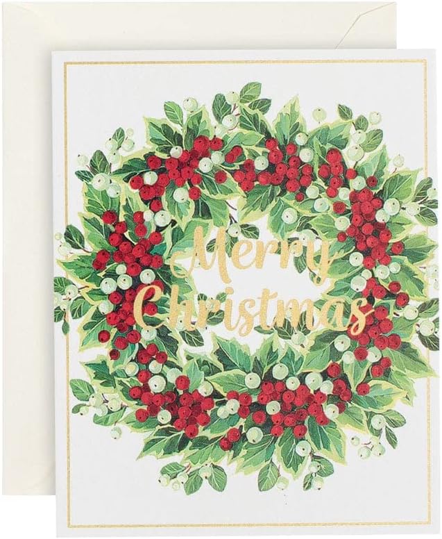 Caspari Mistletoe and Berry Wreath Mini Boxed Christmas Cards - 16 Cards & Envelopes