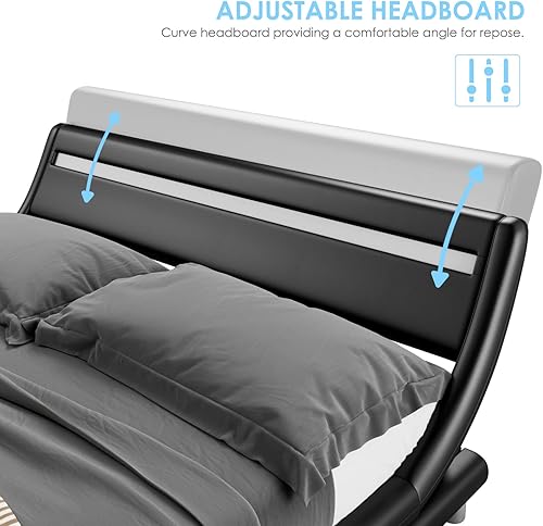 Miniatura 16 de Marco de cama de lujo tapizado en piel sintética con cabecera LED, diseño ondulado de perfil bajo, soporte de listones de madera, control remoto, no