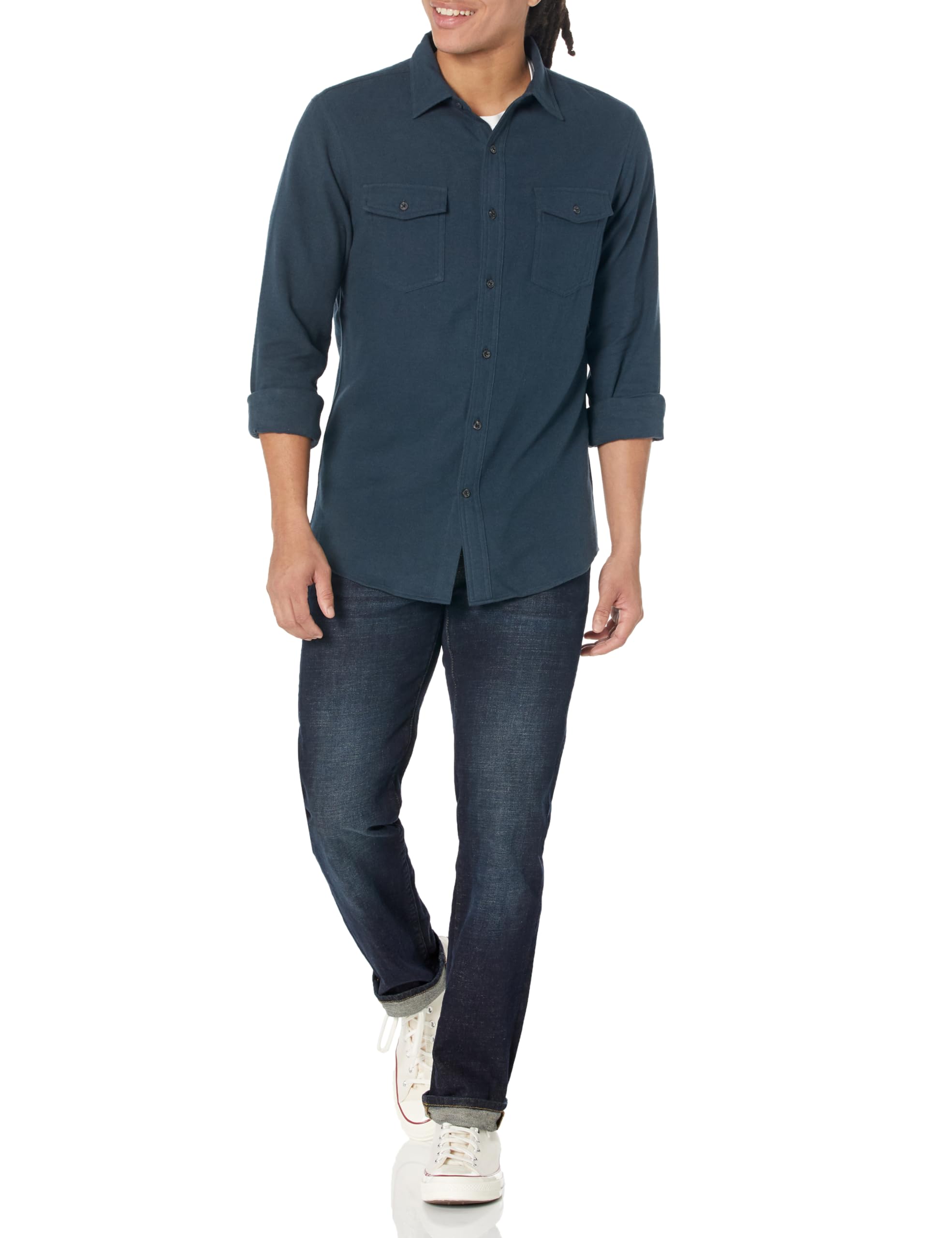 Amazon Essentials Camicia in Flanella con Due Tasche a Maniche Lunghe vestibilità Aderente Uomo