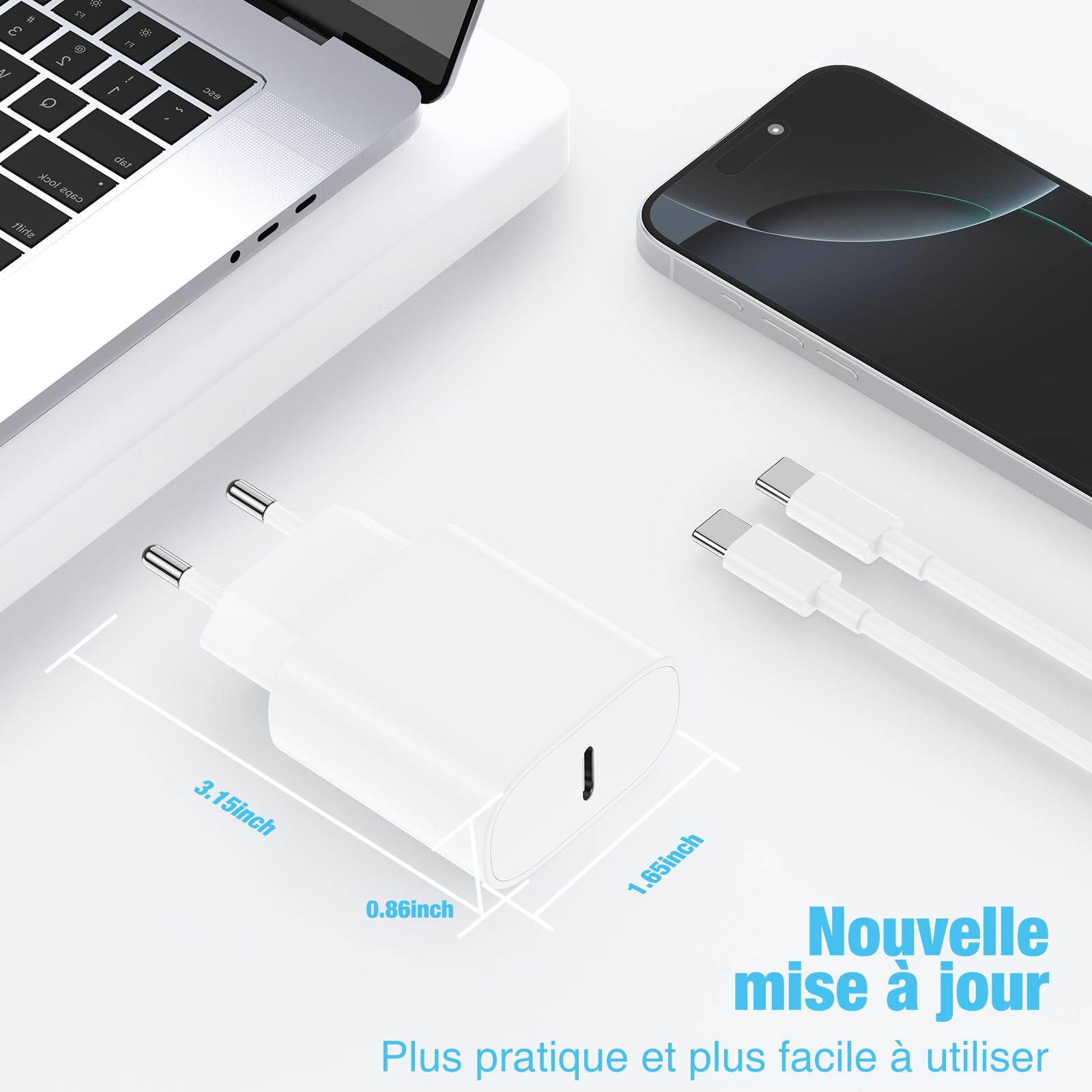 20W Chargeur USB C pour iPhone 17/16/15,Adaptateur USB C Chargeur Rapide avec 2m Câble USBC, Compatible iPhone 16e,16/15 Plus,17 Air, 17/16/15 Pro, Pro Max, Pad
