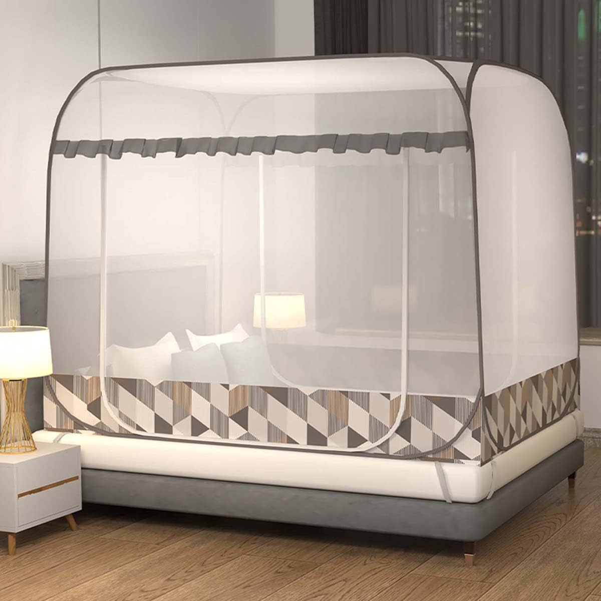 Pop Up Mosquito Net, Foldable Anti-Mosquito Bed Canopy, Polyester Curtains Dustproof Roof, Universal Camping Tent for Single Bed Double Bed Free Installation (Color : Gray, Size :