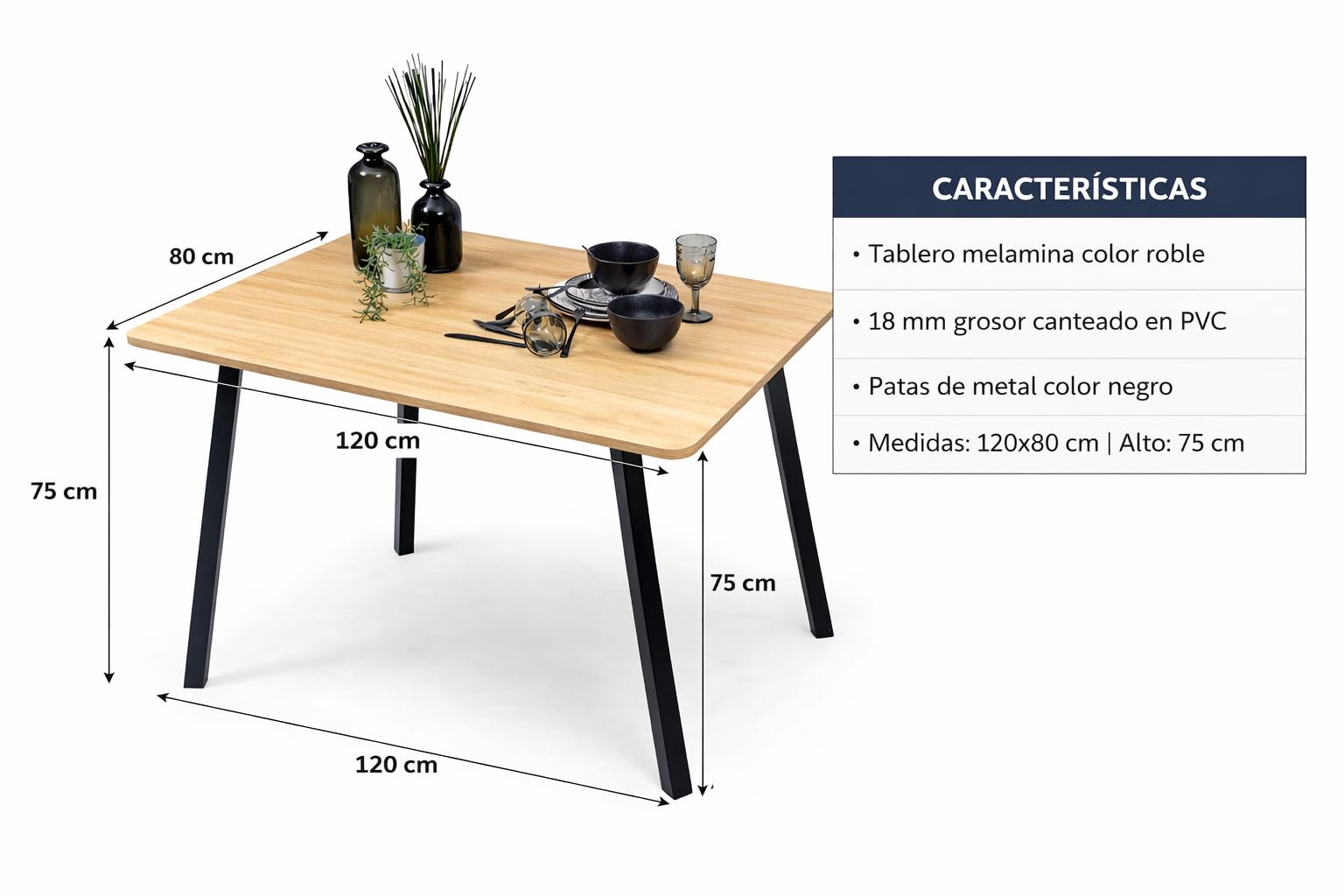 Homely® | Mesa de Comedor o Cocina Nadir | Diseño Funcional de 120x80 | Mesa Industrial, Sencilla Y Minimalista | Diseño Versátil chapada melamina Roble y Patas Metal Negro | Mesa para 4 Personas
