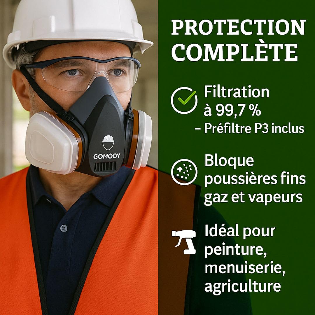 Masque de Protection Respiratoire Réutilisable à Gaz Double Filtration A1P2 avec 8 Filtres | Demi-masque Anti-poussière Peinture Bricolage Résine Epoxy Sécurité Travail Vapores Gaz Polluants