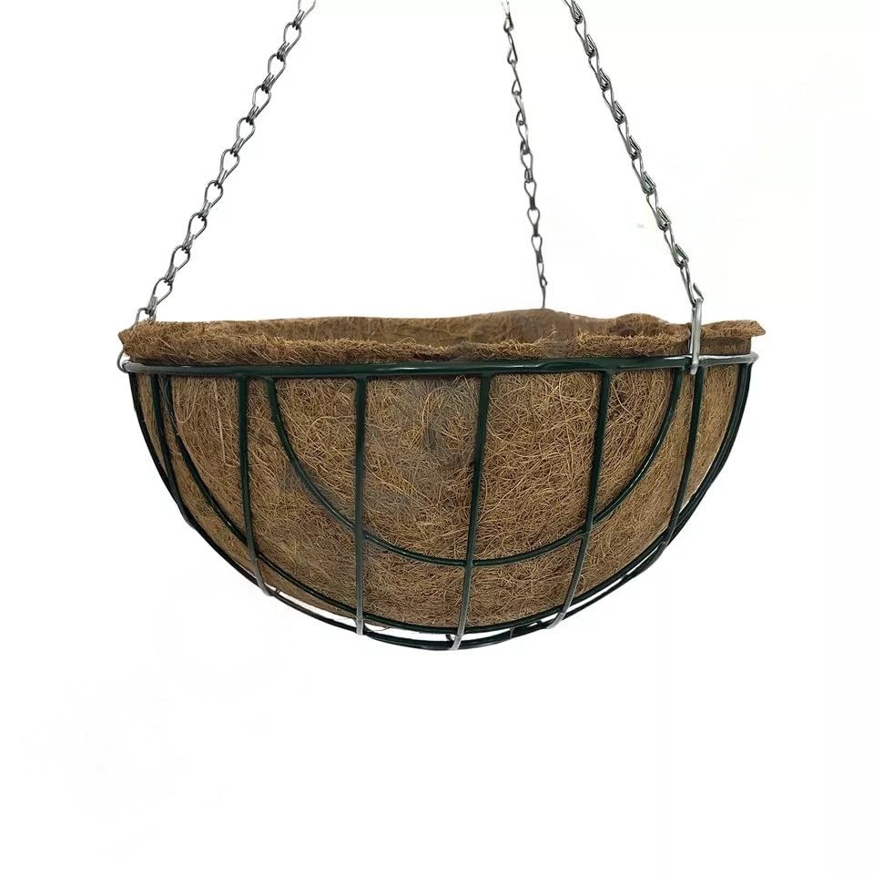 Oakland Gardens Hanging Baskets 16"(40cm) Metal Green Planter Chain with Liners Round Wire Coco | Biodegradable, Water Absorbent | Garden Planter Baskets for Indoor & Outdoor Use|Pack of 2