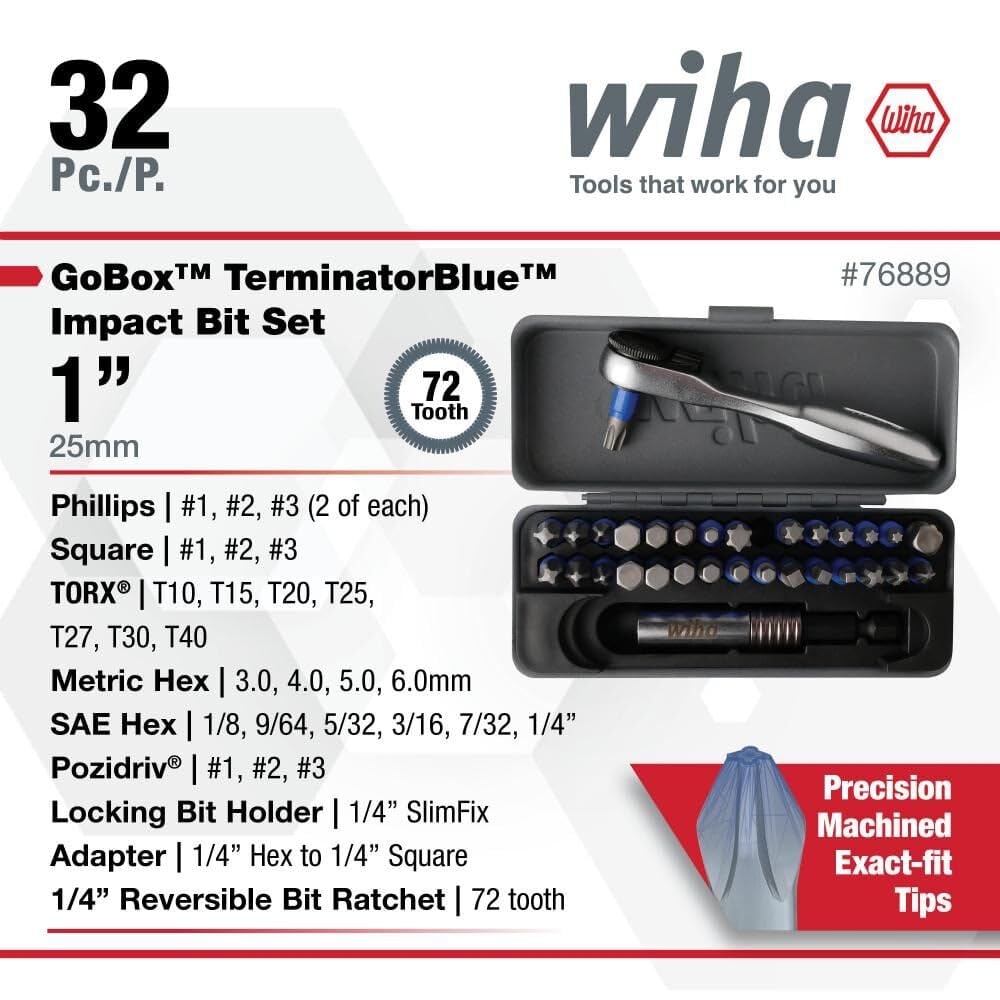 Wiha 76889 Juego de 32 brocas de impacto GoBox TerminatorBlue con mini trinquete