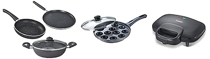 Prestige Aluminium Omega Deluxe Granite Finish (Black) - 3 Pieces & Sandwich Maker PGMFD 01 & Aluminium Omega Select Plus Paniyarakkal (240 Mm, Black), Black
