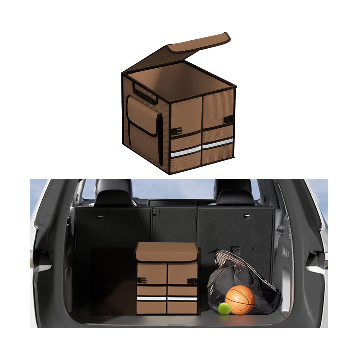 KHGUZ Car Trunk Organizer, Multi-Compartment Collapsible Vehicle Cargo Storage Organizer with Lid, Non Slip Waterproof Storage Box with Reinforced