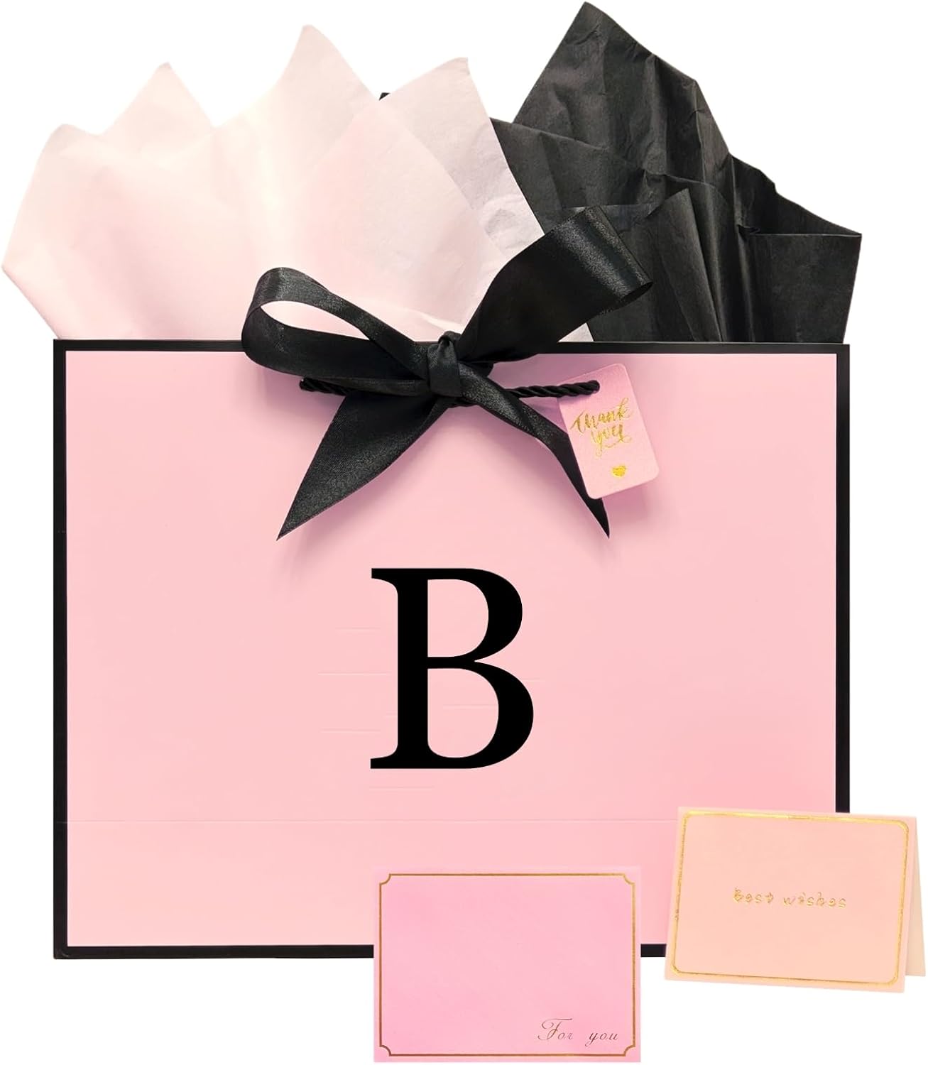 ANFENG Personalized Pink Birthday Gift Bag for Women with Tissue Paper and Card,Initial Thanksgiving Wedding Paper Bag with Bow Ribbon Monogram Bridal Party Favor Anniversary Bag(Pink Black,Letter B) - Image 2