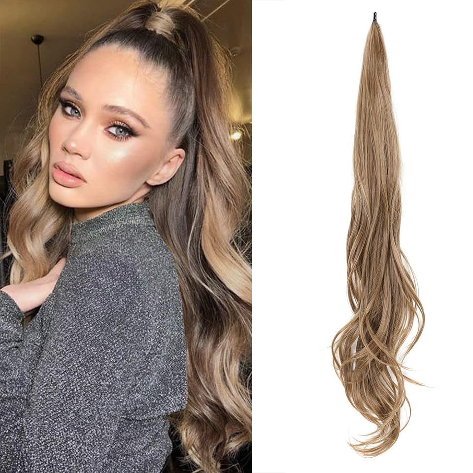 Miniatura 1 de Extensión de cola de caballo de 32 pulgadas, flexible y envolvente, extensión de cabello sintético largo y rizado, extensiones de cabello natural