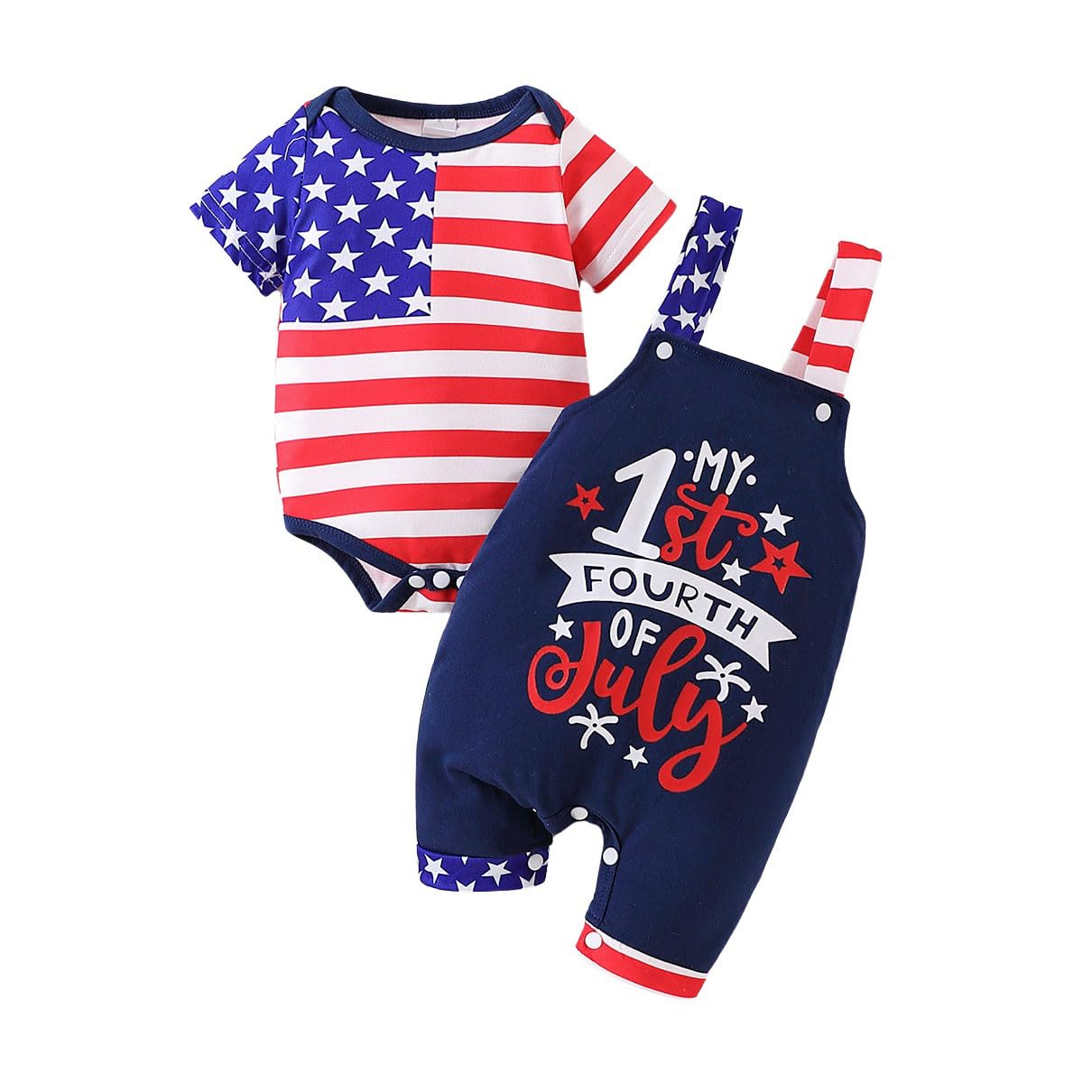 Newborn Baby Boy 4 of July Outfits Gentleman Romper Infant Boy Stars Stripe Flags Suspender Short Set